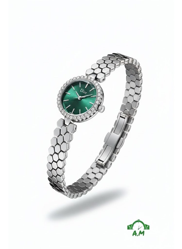 Dior Women’s Silver Stainless Steel Bracelet Watch with Green Dial and Crystal Bezel