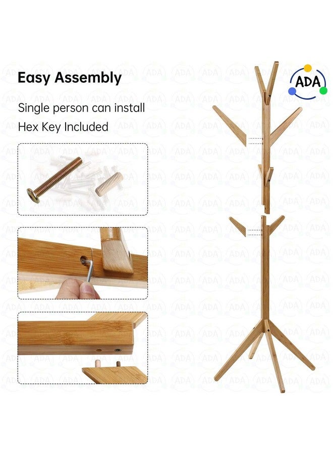 ADA® Premium Natural Bamboo Wood Free Standing Tree Shaped Display 8 Hooks Coat Hanger Stand with 4 Tiers and Solid Feet for Clothes Scarves and Hats - Multi Colour - Size (45 x 45 x 175 cm) - Image 3