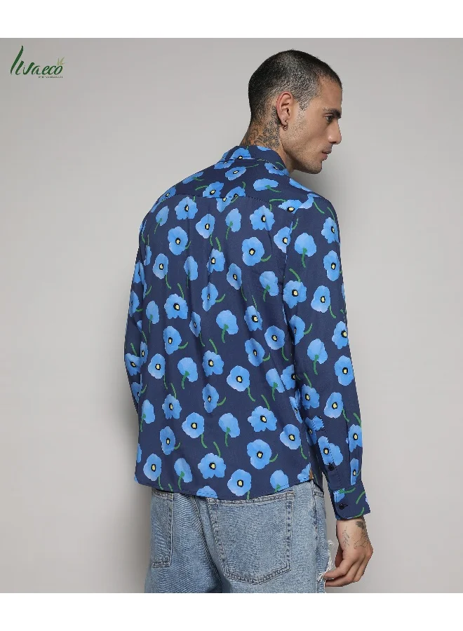 كامبوس سوترا قميص EcoLiva Indigo Blue Flora Block للرجال