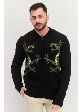 Men Stand Neck Knitted Sweater, Black Combo