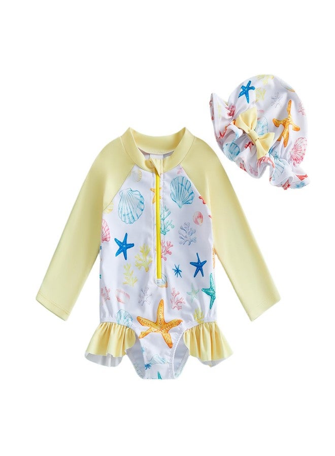 Giraropa Toddler Baby Swimsuit Girl Long Sleeve One Piece Rash Guard Zipper Hat Swimwear Bathing Suit UPF 50+ Sun Protection (Yellow Shell, 2-3 Years) - Image 1