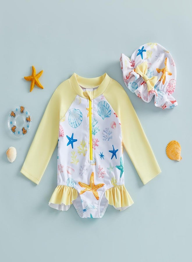 Giraropa Toddler Baby Swimsuit Girl Long Sleeve One Piece Rash Guard Zipper Hat Swimwear Bathing Suit UPF 50+ Sun Protection (Yellow Shell, 2-3 Years) - Image 5