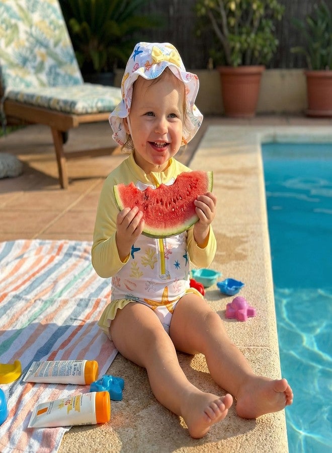 Giraropa Toddler Baby Swimsuit Girl Long Sleeve One Piece Rash Guard Zipper Hat Swimwear Bathing Suit UPF 50+ Sun Protection (Yellow Shell, 2-3 Years) - Image 2