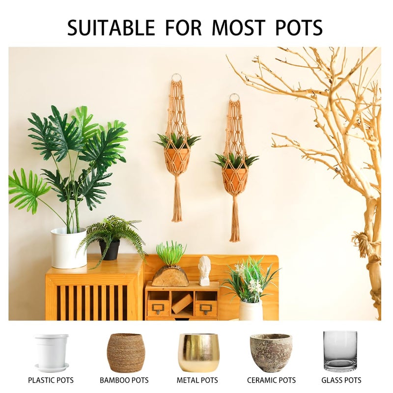 Artilady Hanging Planter for Indoor Plants Macrame Plant Hanger Large Hanging Plant Holder Brown Plants Basket White Rope Boho Original Wall Decor (Brown Plant Hanger-2pcs) - Image 2