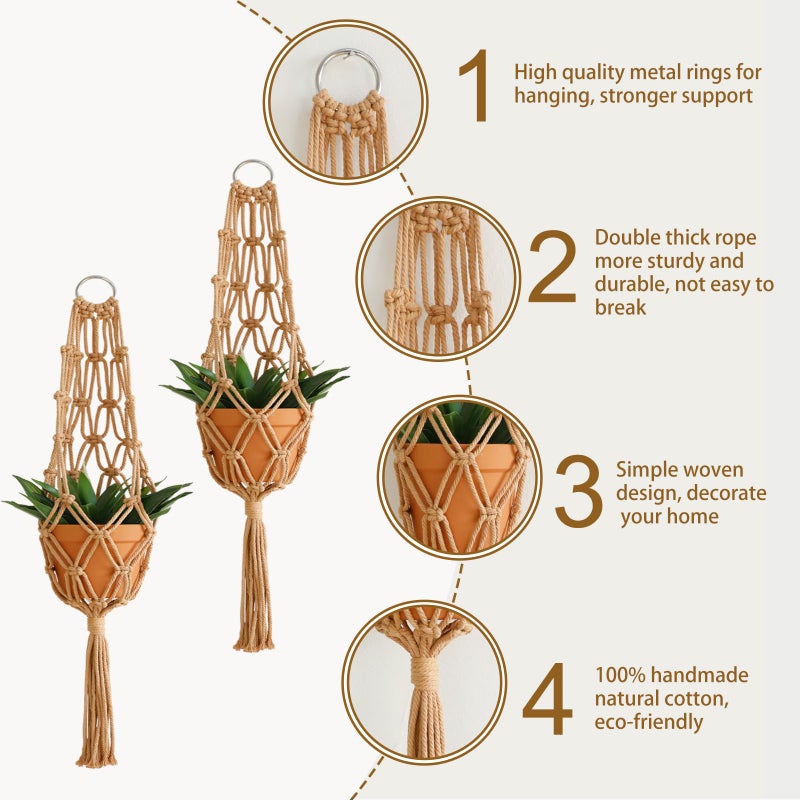 Artilady Hanging Planter for Indoor Plants Macrame Plant Hanger Large Hanging Plant Holder Brown Plants Basket White Rope Boho Original Wall Decor (Brown Plant Hanger-2pcs) - Image 3