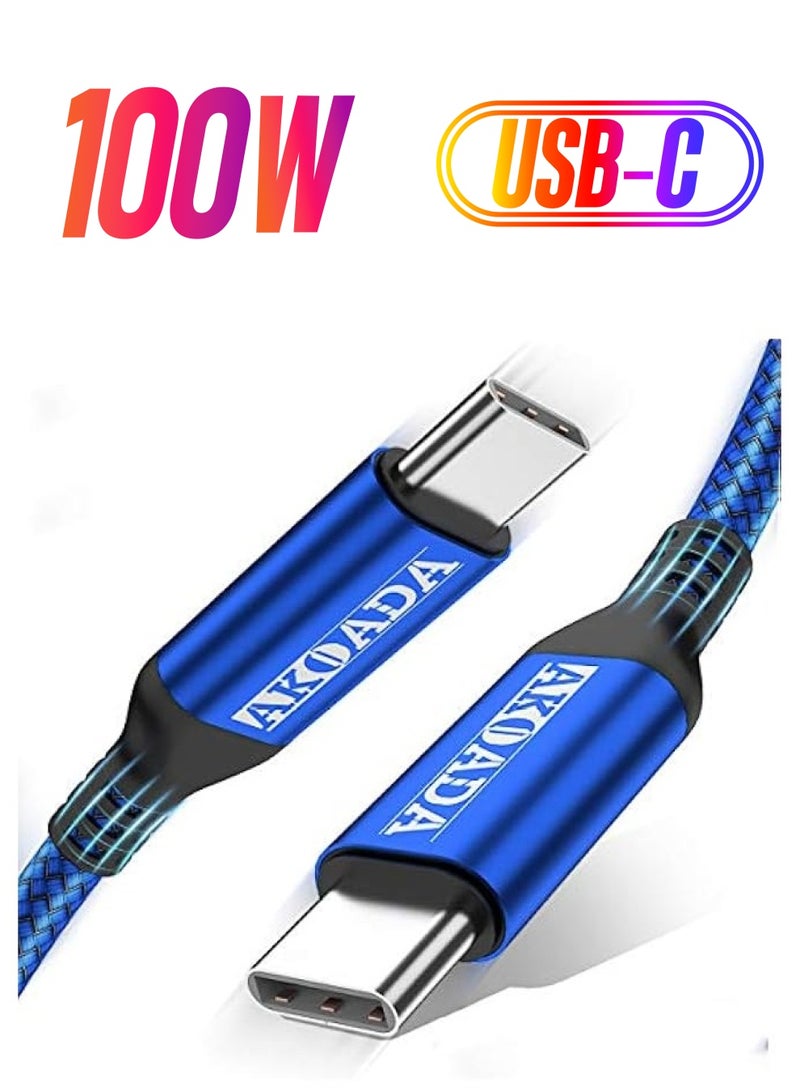 AkoaDa USB-C To USB-C 100W Cable 10ft, USB C Braided Fast Charging Cable Compatible With MacBook Pro 2020/2019/2018, iPad Pro 2020/2019/2018,Samsung Galaxy Note 20,Pixelbook And Type-C Laptops (Blue) - Image 1
