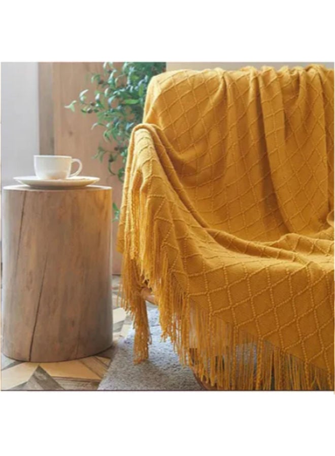 Simple Solid Colour Knitted Blanket Cotton Yellow 127 x 172cm - Image 3