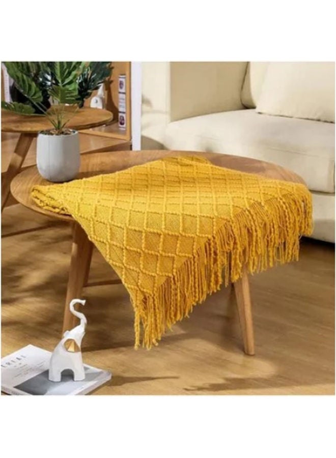 Simple Solid Colour Knitted Blanket Cotton Yellow 127 x 172cm - Image 5