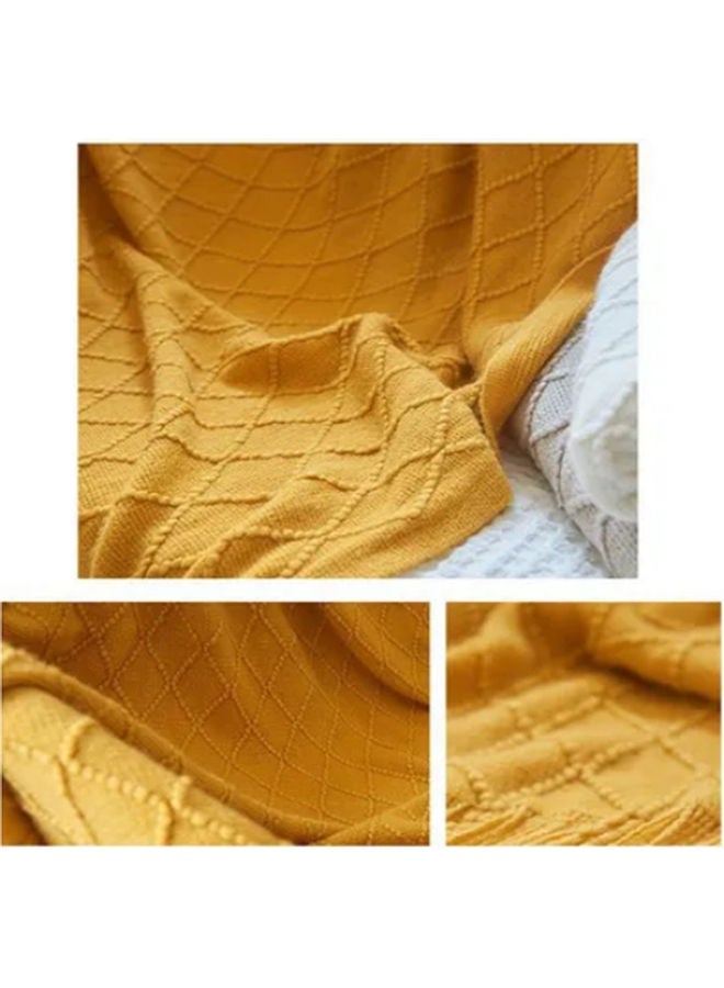 Simple Solid Colour Knitted Blanket Cotton Yellow 127 x 172cm - Image 4