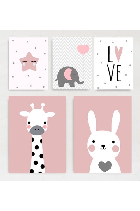 Tableau of five cute animals  for kids room , nursery room - rabbit and giraffe