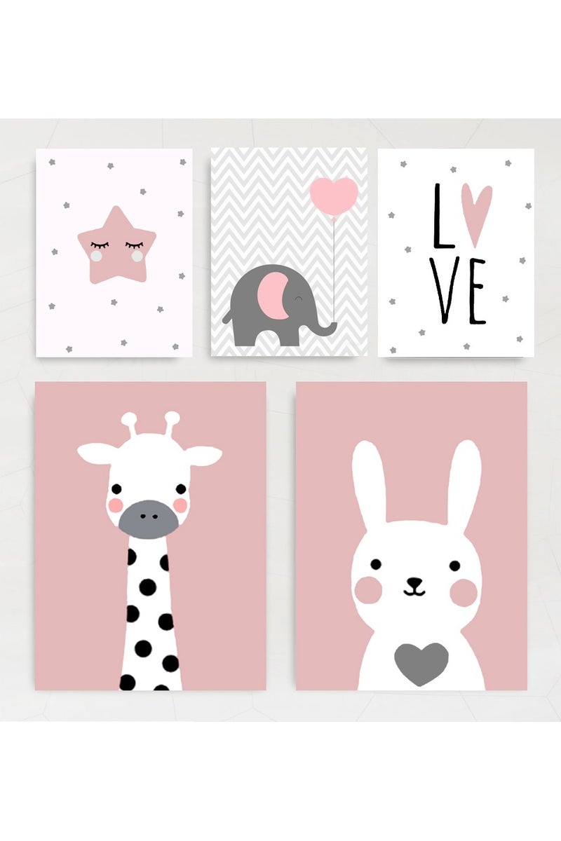 Tableau of five cute animals  for kids room , nursery room - rabbit and giraffe