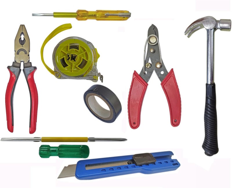 Inditrust Inditrust Hand Tool KitPlier Hammer Screwdriver Wire Cutter 5m Measuring Tape tester electric tape paper cutter 8 Tools  - Image 1