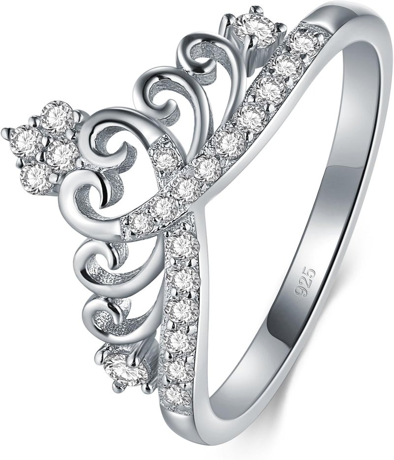 BORUO Princess Crown Tiara Wedding CZ Band - Premium Crown Rings For Women - Cubic Zirconia Ring - Sterling Silver Rings - Rings For Women With Platinum Plating Over Sterling Silver - 2mm 925 Silver Ring With Eco Friendly Bag Size 4-12 - Image 1