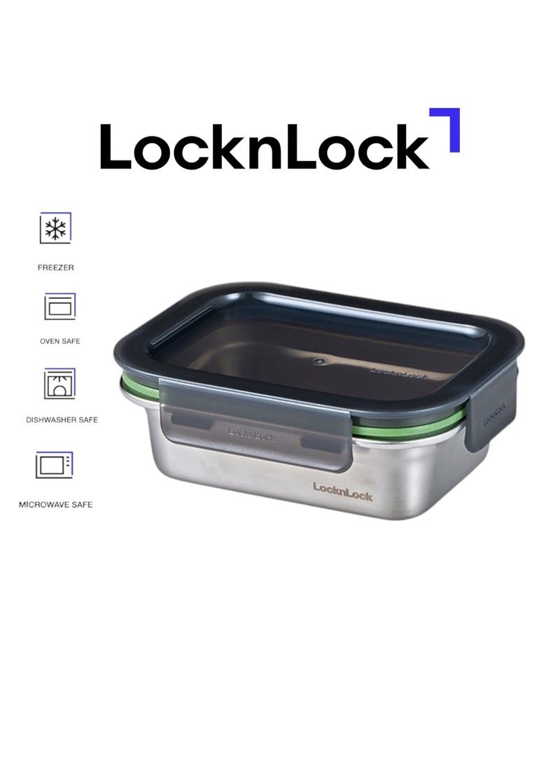 LocknLock حاوية طعام مستطيلة من الفولاذ المقاوم للصدأ LocknLock سعة 400 مل - غطاء قفل رباعي الجوانب، متين ومقاوم للتسرب، آمن للاستخدام في الفرن والفريزر - Image 1