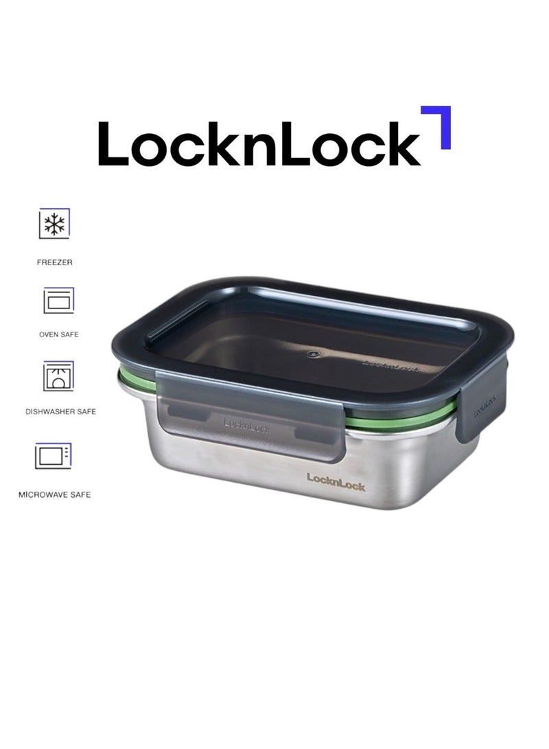 LocknLock Stainless Steel Rectangular Food Container 400ml Leakproof 4-Side Lock Lid, BPA-Free, Oven, Air Fryer, Freezer & Dishwasher Safe, Stackable Lunch Box - Image 1