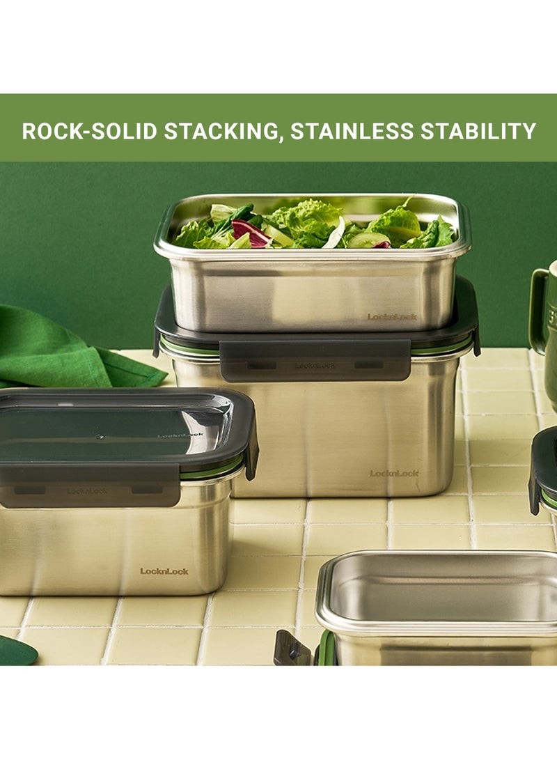 LocknLock Stainless Steel Rectangular Food Container 400ml Leakproof 4-Side Lock Lid, BPA-Free, Oven, Air Fryer, Freezer & Dishwasher Safe, Stackable Lunch Box - Image 2