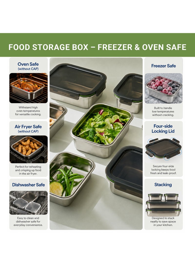LocknLock Stainless Steel Rectangular Food Container 400ml Leakproof 4-Side Lock Lid, BPA-Free, Oven, Air Fryer, Freezer & Dishwasher Safe, Stackable Lunch Box - Image 3