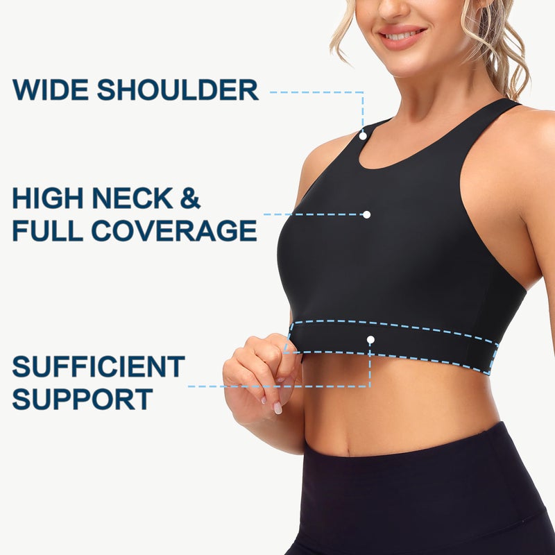 MIVEI Women's Sports Bra Swim Tops for Under Shirt Bikini Top Bathing Suit Modest High Neck Quick Dry Removable Padded UPF50+ Black - Image 4