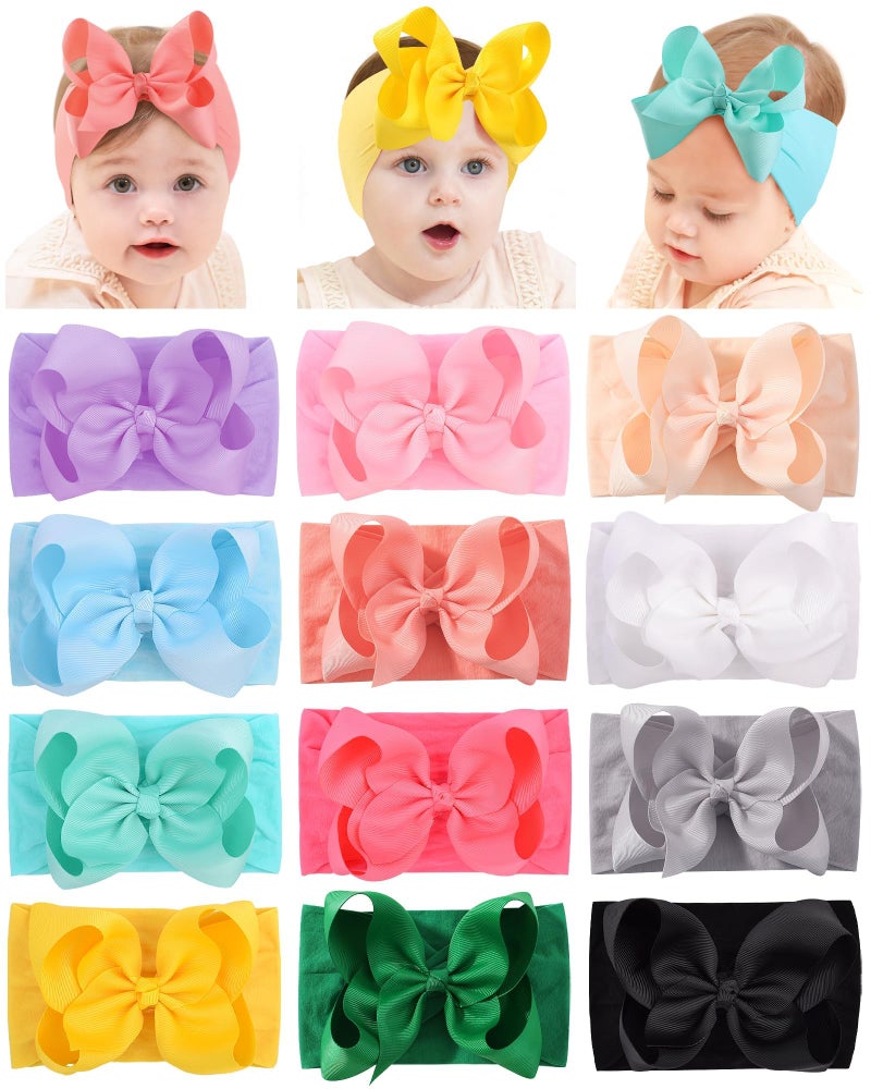 doboi Baby Girl Headbands, 12pcs Nylon Headbands with Big Baby Bows, Hair Accessories for Infant Newborn Toddler - Image 1