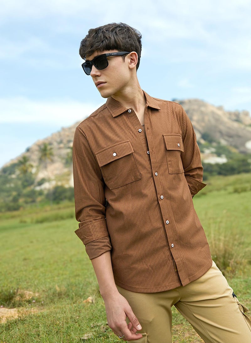 Campus Sutra Men's Tawny Brown Solid Ribbed Utility Shirt  - Image 1