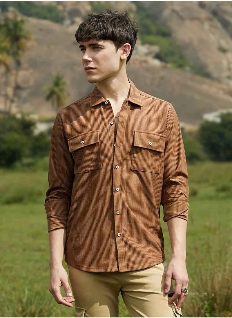 Campus Sutra Men's Tawny Brown Solid Ribbed Utility Shirt