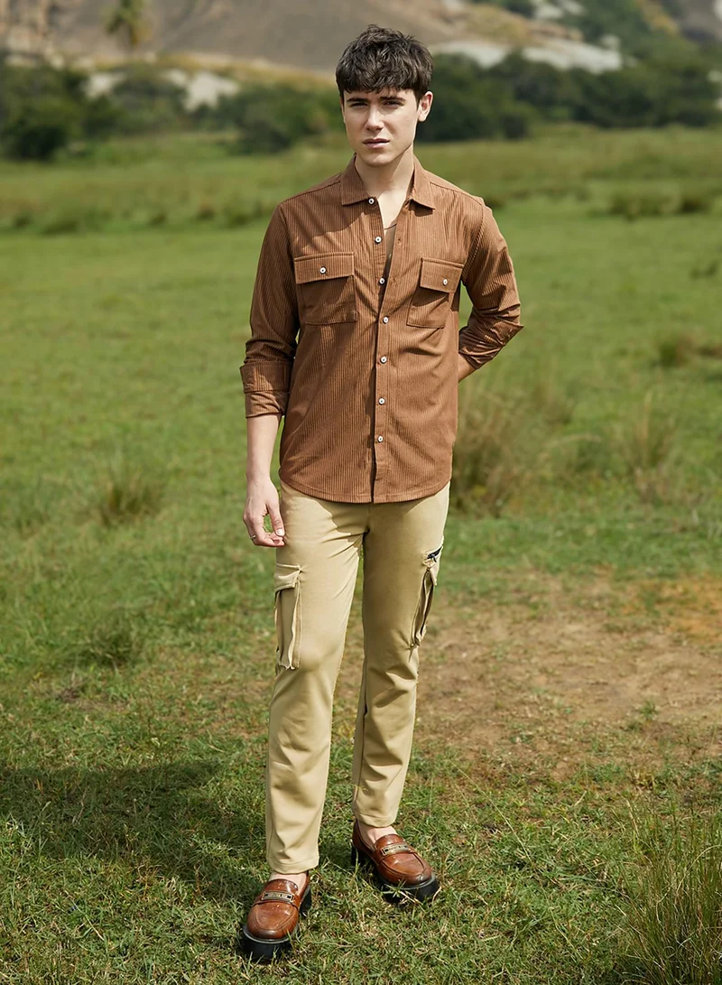 Campus Sutra Men's Tawny Brown Solid Ribbed Utility Shirt