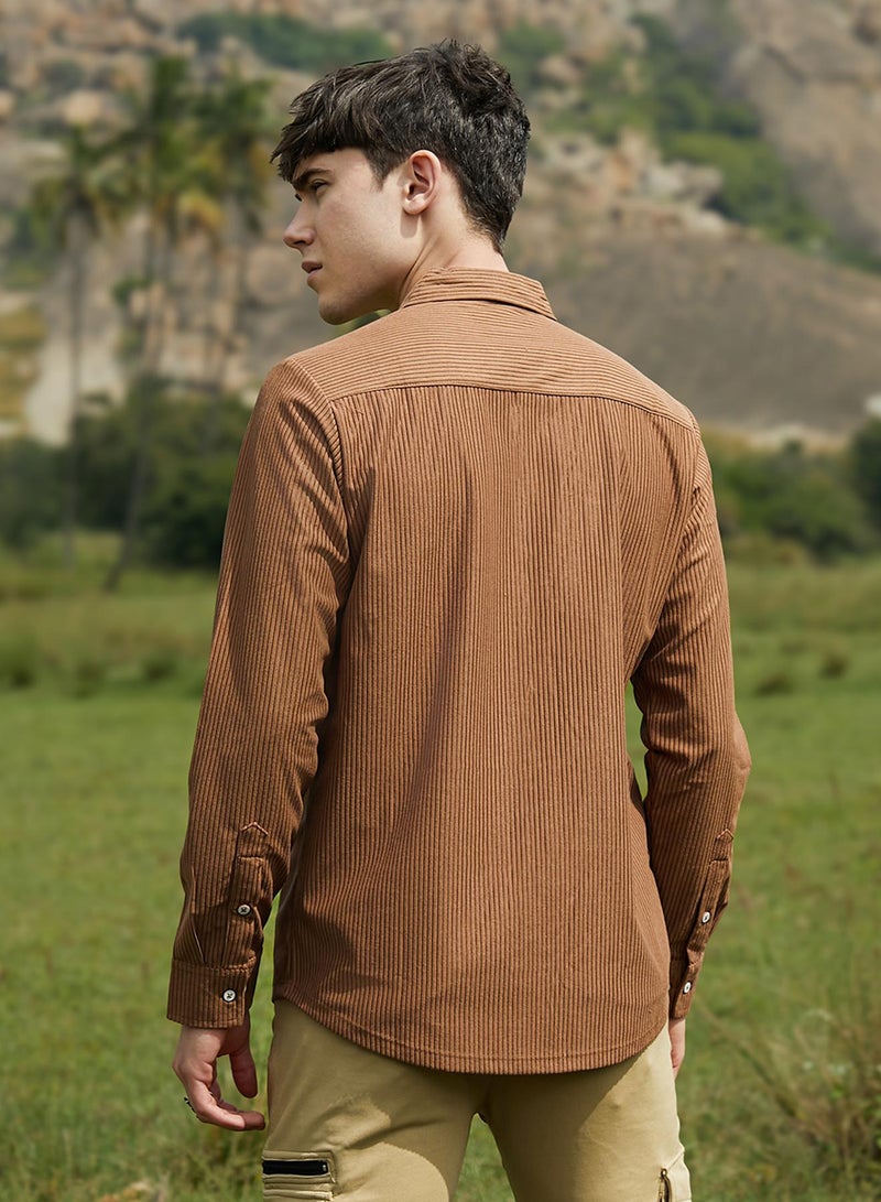Campus Sutra Men's Tawny Brown Solid Ribbed Utility Shirt  - Image 5