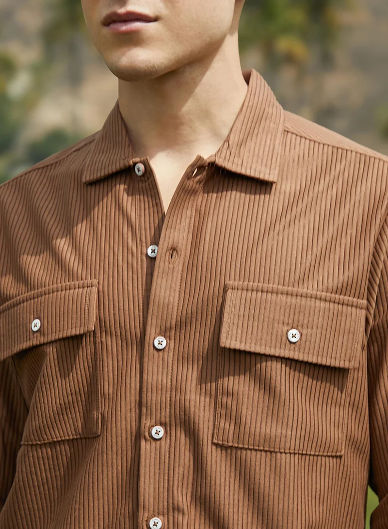 Campus Sutra Men's Tawny Brown Solid Ribbed Utility Shirt