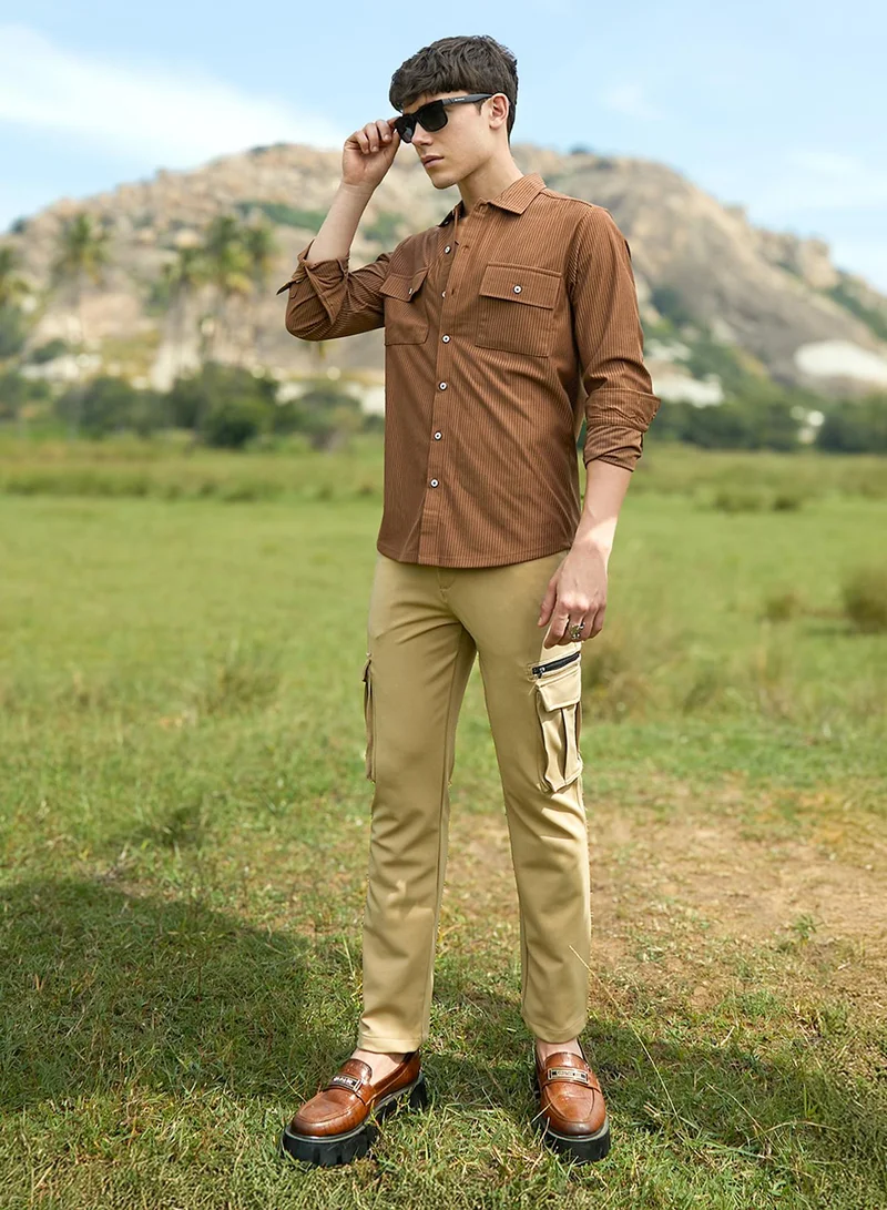Campus Sutra Men's Tawny Brown Solid Ribbed Utility Shirt