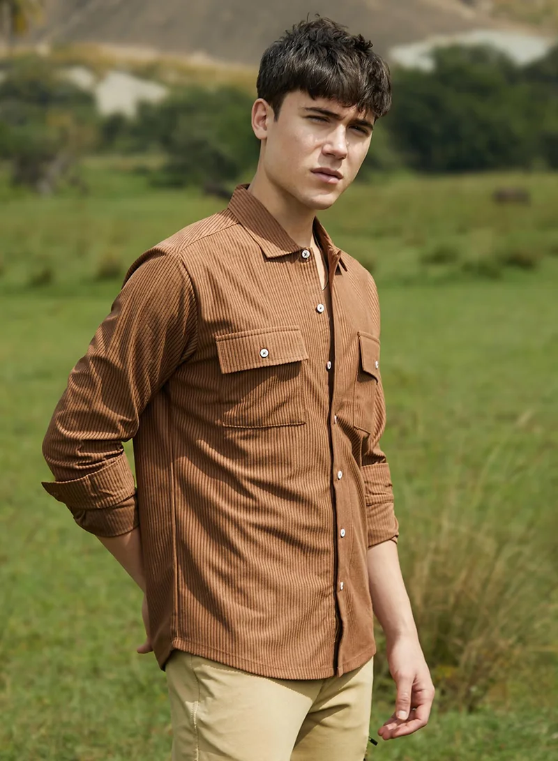 Campus Sutra Men's Tawny Brown Solid Ribbed Utility Shirt