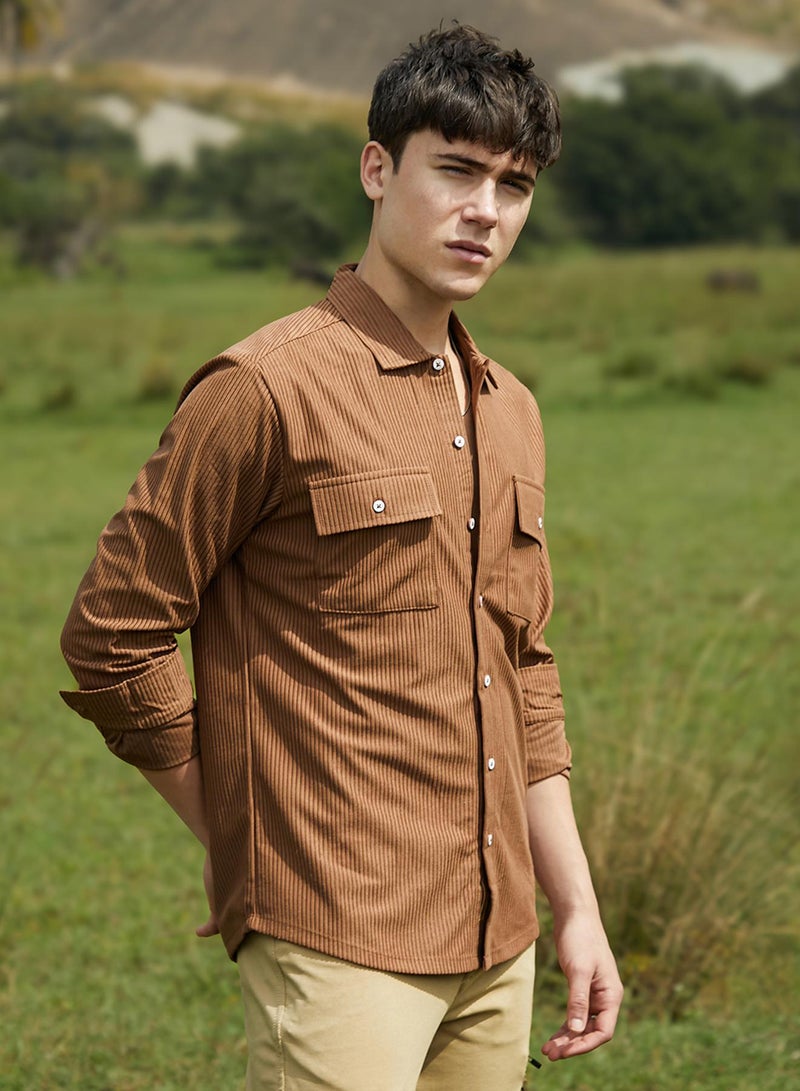 Campus Sutra Men's Tawny Brown Solid Ribbed Utility Shirt  - Image 3