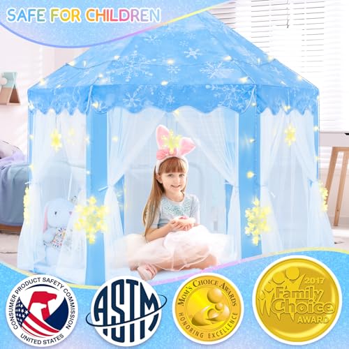 EVOIONOS Frozen Princess Tent for Girls Play Tent with Large Snowflake Lights for Kids Castle Playhouse for Children Indoor Outdoor Games 55 x 53 inches Blue - Image 5