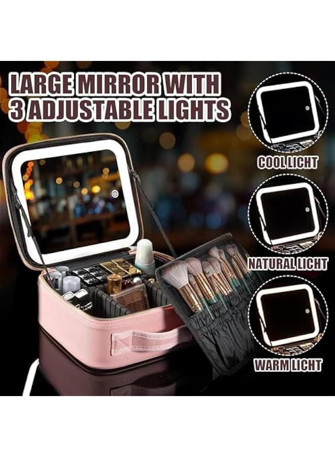 MIXDE Makeup Bag with Mirror and Light 3 Colors,Travel Makeup Train Case Cosmetic Organizer,Portable Artist Storage Bag with Adjustable Dividers Makeup Brushes Storage Organizer,Gift for Women  - Image 5
