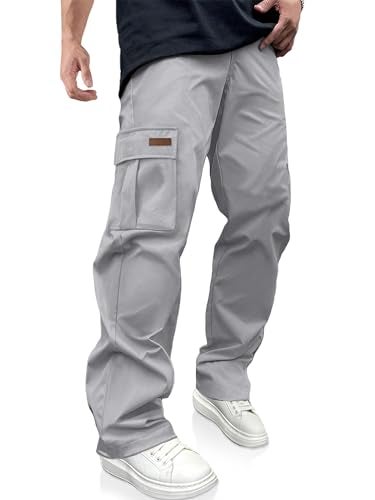 PLEPAN Men's Casual Cargo Pants Drawstring Hiking Pants Workout Tactical Joggers Sweatpants for Men Light Grey Medium - Image 1