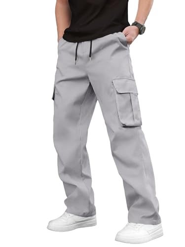 PLEPAN Men's Casual Cargo Pants Drawstring Hiking Pants Workout Tactical Joggers Sweatpants for Men Light Grey Medium - Image 2