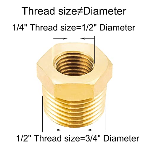 Joywayus Brass Reducing Hex Bushing 1/2" NPT Male to 1/4" NPT Female Pipe Fitting Reducer Adapter(Pack of 5) - Image 2