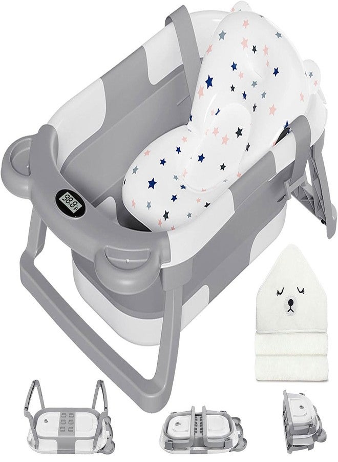 MoreFeel Collapsible Baby Bathtub for Newborn with Thermometer & 1 Hooded Towel & 1 Soft Floating Cushion,Portable Travel Bathtub with Drain Hole, Durable Foldable Baby Tubs for Infants to Toddler - Image 1