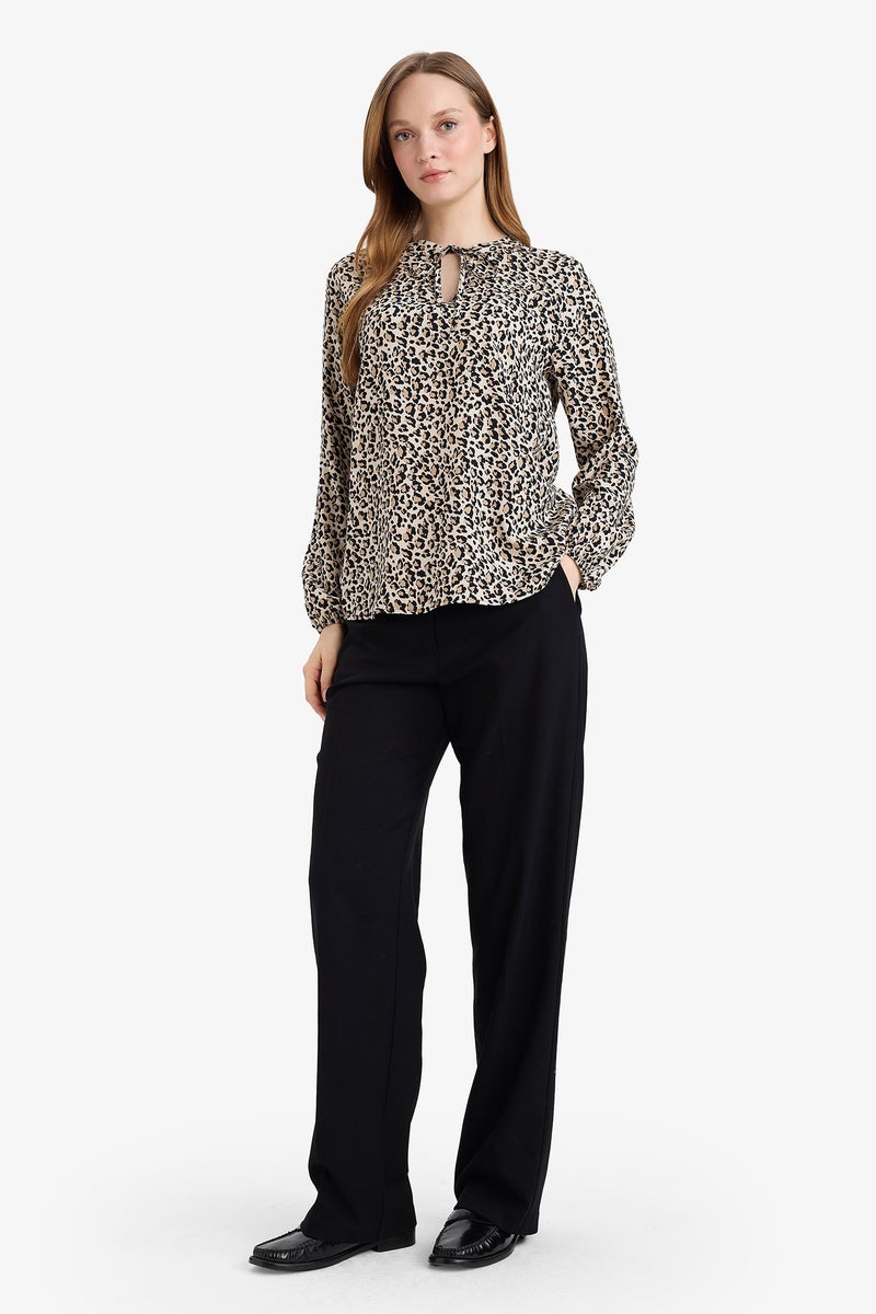 DeFacto Beige Woman Regular Fit Crew Neck Printed Long Sleeve Blouse Casual - Image 2