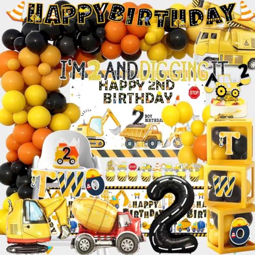 BEOXAGAR Construction 2nd Birthday Party Supplies Boy Dump Truck Digger Zone 2nd Birthday Decorations include Balloon Garland Balloon Box Highchair Banner Cake Topper Hat Backdrop Banner Tablecloth - Image 1