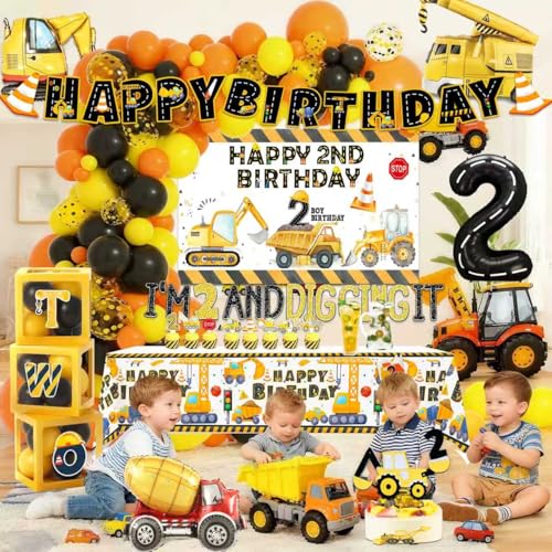 BEOXAGAR Construction 2nd Birthday Party Supplies Boy Dump Truck Digger Zone 2nd Birthday Decorations include Balloon Garland Balloon Box Highchair Banner Cake Topper Hat Backdrop Banner Tablecloth - Image 5