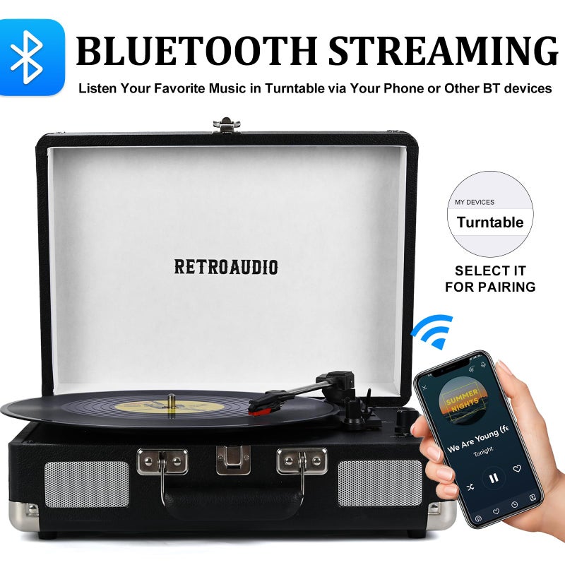 RetroAudio Vinyl Record Player 3-Speed Bluetooth Portable Suitcase Belt-Driven Record Player with 2 Built-in Stereo Speakers Vinyl Vintage Turntable Phonograph Records Player with RCA Line Out, AUX Out (Black) - Image 2