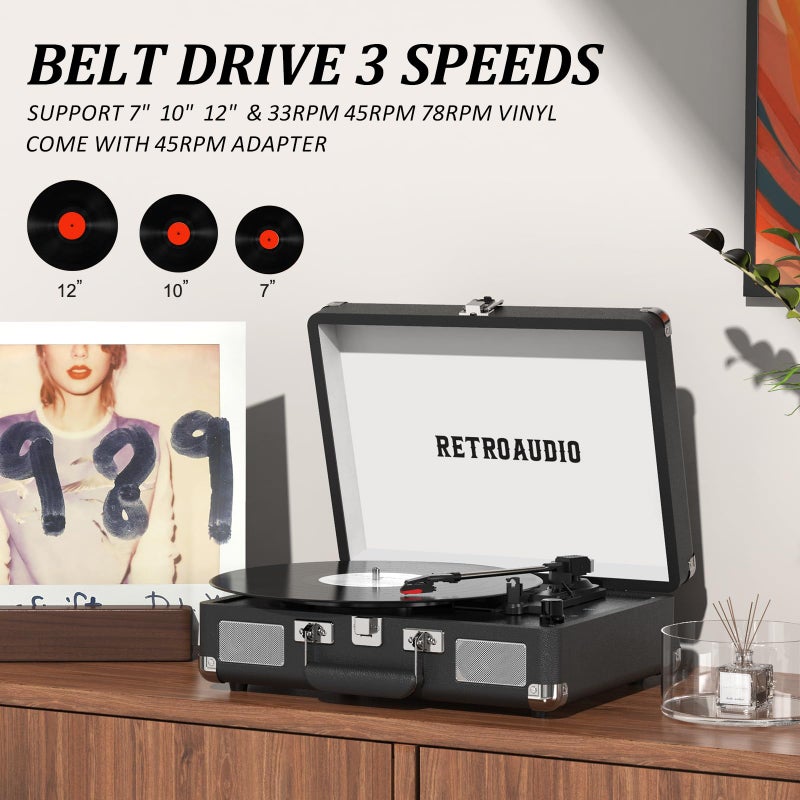 RetroAudio Vinyl Record Player 3-Speed Bluetooth Portable Suitcase Belt-Driven Record Player with 2 Built-in Stereo Speakers Vinyl Vintage Turntable Phonograph Records Player with RCA Line Out, AUX Out (Black) - Image 4