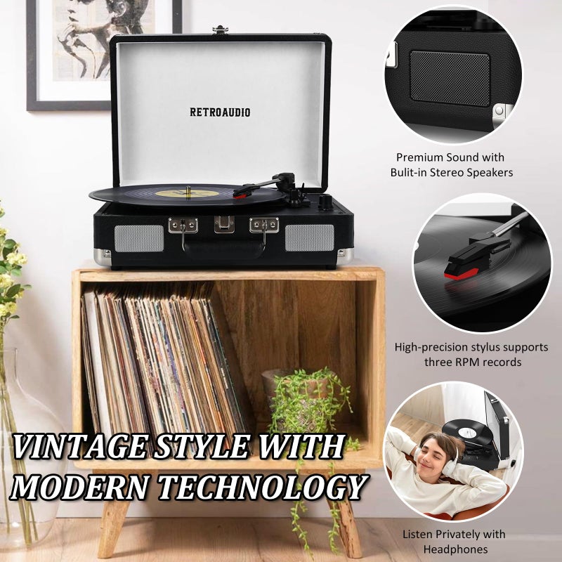 RetroAudio Vinyl Record Player 3-Speed Bluetooth Portable Suitcase Belt-Driven Record Player with 2 Built-in Stereo Speakers Vinyl Vintage Turntable Phonograph Records Player with RCA Line Out, AUX Out (Black) - Image 5