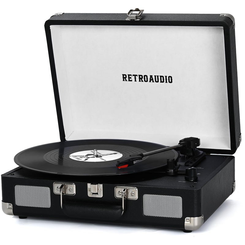 RetroAudio Vinyl Record Player 3-Speed Bluetooth Portable Suitcase Belt-Driven Record Player with 2 Built-in Stereo Speakers Vinyl Vintage Turntable Phonograph Records Player with RCA Line Out, AUX Out (Black) - Image 1