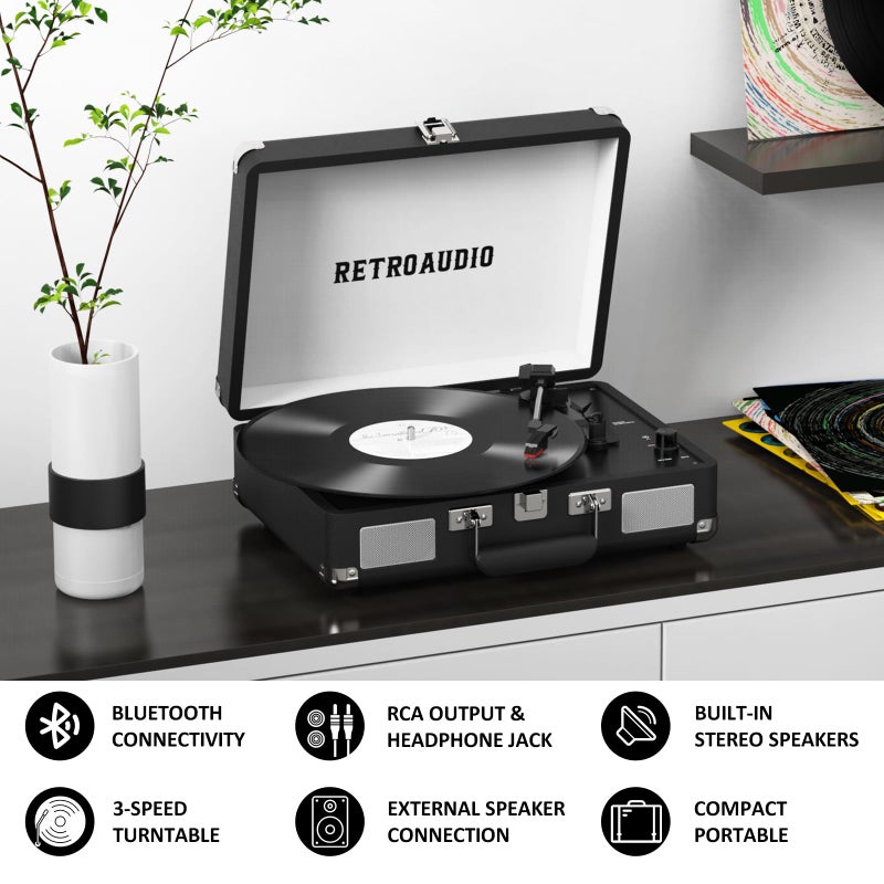 RetroAudio Vinyl Record Player 3-Speed Bluetooth Portable Suitcase Belt-Driven Record Player with 2 Built-in Stereo Speakers Vinyl Vintage Turntable Phonograph Records Player with RCA Line Out, AUX Out (Black) - Image 3