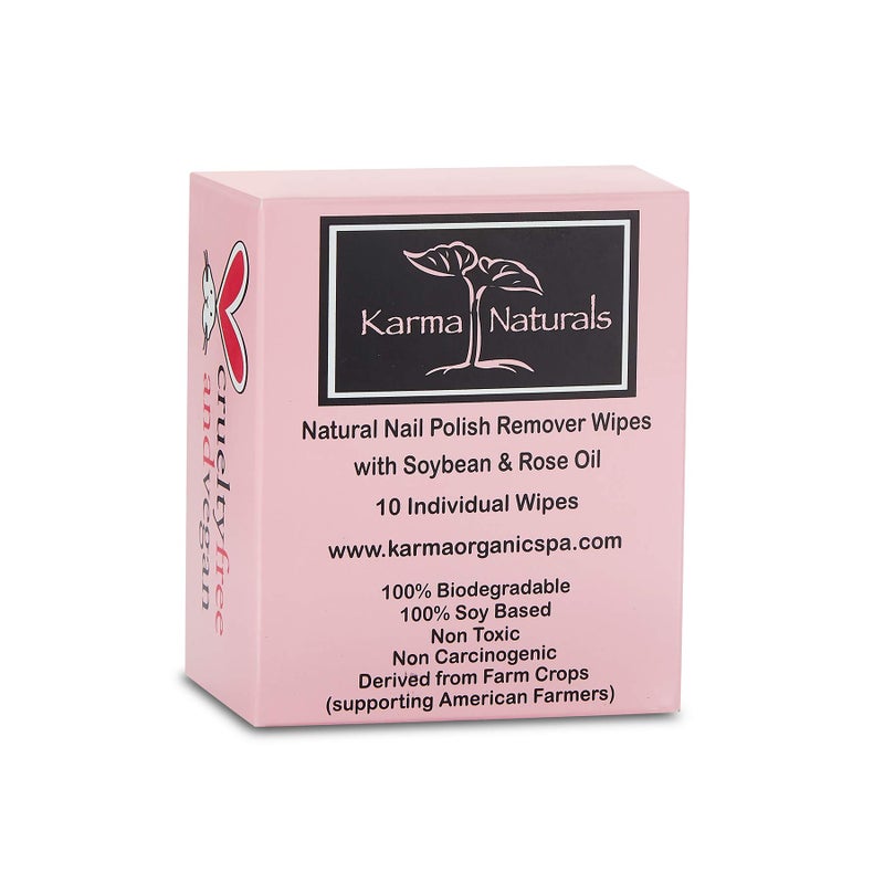 Karma Organic Natural Nail Polish Remover Wipes with Soybean and Rose Oil 100 Soy Based NonToxic Vegan CrueltyFree Pack of 10