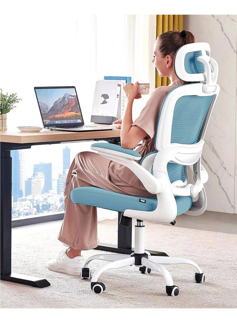 DROGO Premium Ergonomic Office Chair for Work from Home, High Back Computer Chair with Adjustable Seat, Lumbar Support & Headrest, Flip-up Armrest & Recline | Mesh Chair for Office/Home White/Blue - Image 1