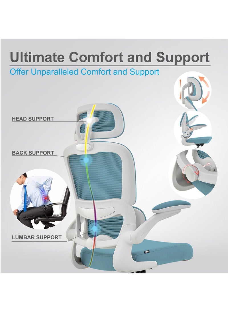 DROGO Premium Ergonomic Office Chair for Work from Home, High Back Computer Chair with Adjustable Seat, Lumbar Support & Headrest, Flip-up Armrest & Recline | Mesh Chair for Office/Home White/Blue - Image 2