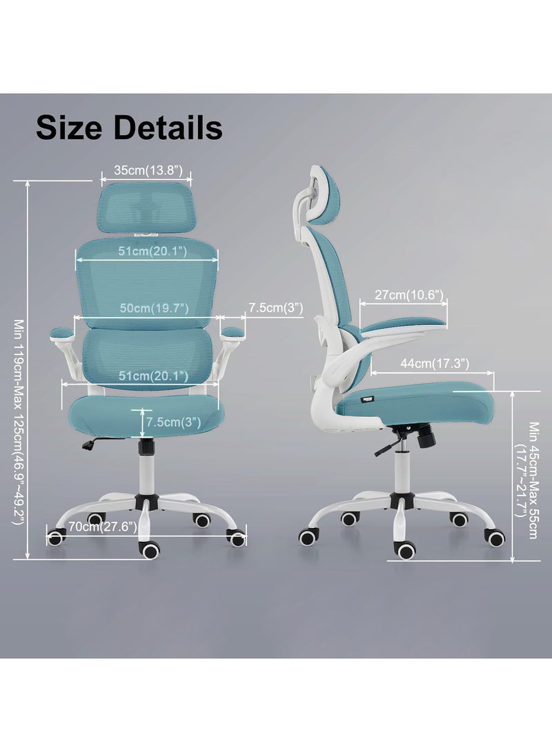 DROGO Premium Ergonomic Office Chair for Work from Home, High Back Computer Chair with Adjustable Seat, Lumbar Support & Headrest, Flip-up Armrest & Recline | Mesh Chair for Office/Home White/Blue - Image 4