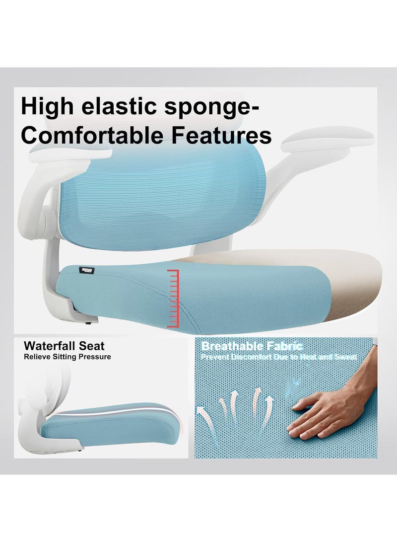 DROGO Premium Ergonomic Office Chair for Work from Home, High Back Computer Chair with Adjustable Seat, Lumbar Support & Headrest, Flip-up Armrest & Recline | Mesh Chair for Office/Home White/Blue - Image 3